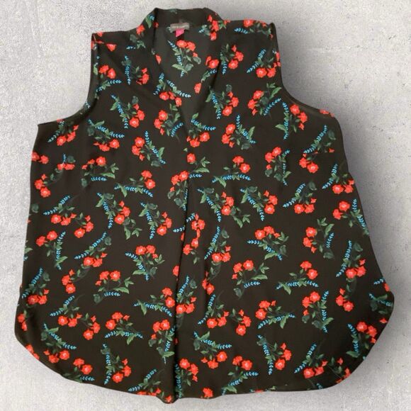 Vince Camuto 2X Sleeveless Floral Blouse Rich Black Red Poppies V-Neck Pleat EUC - Picture 1 of 5